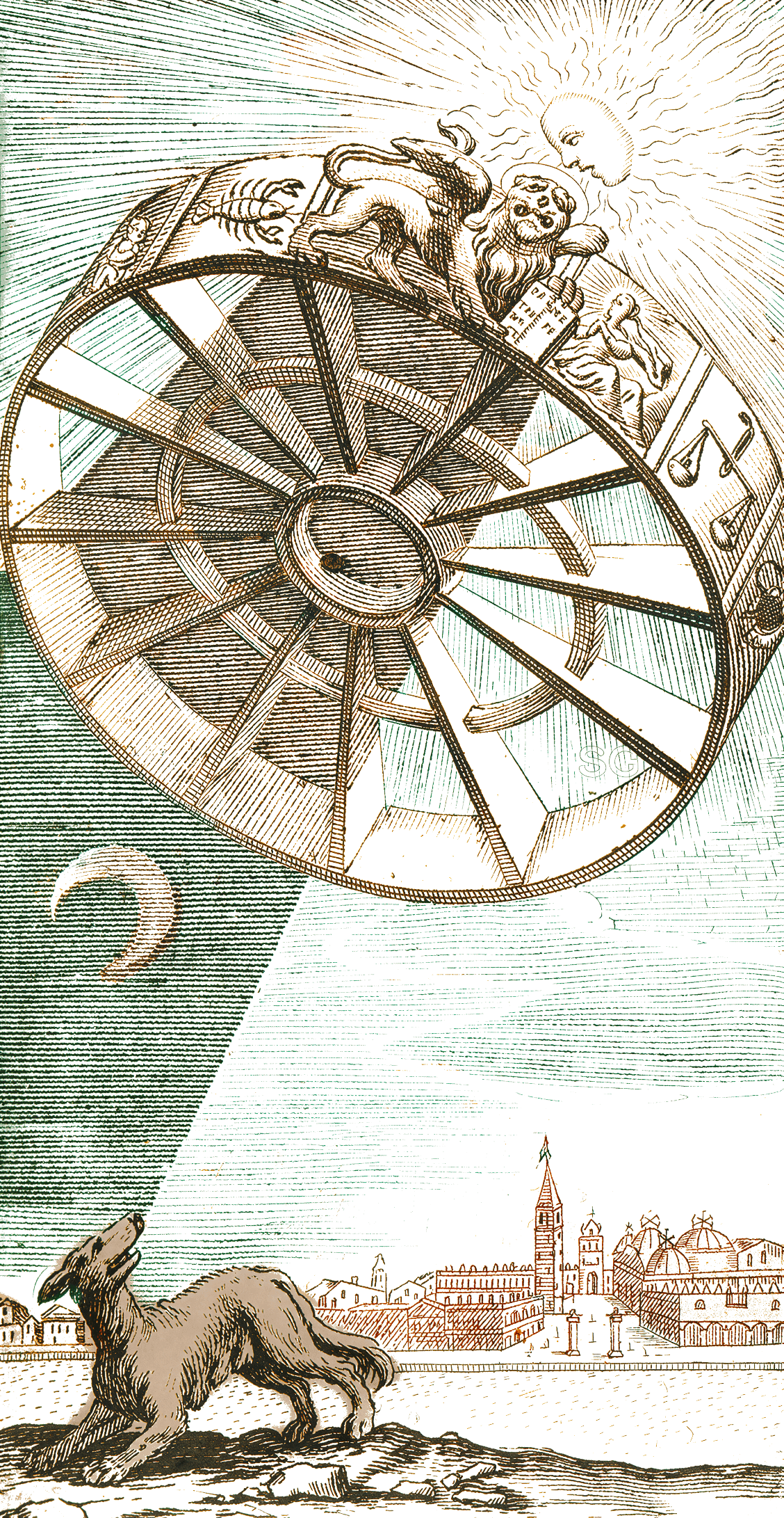 Wheel of Fortune illustration above a rabbit and city skyline